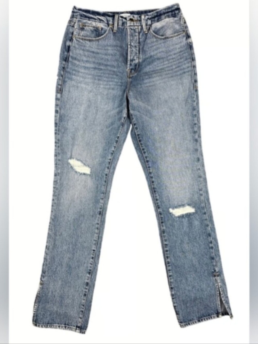 Good American Blue Distressed Straight Leg High Rise Jeans